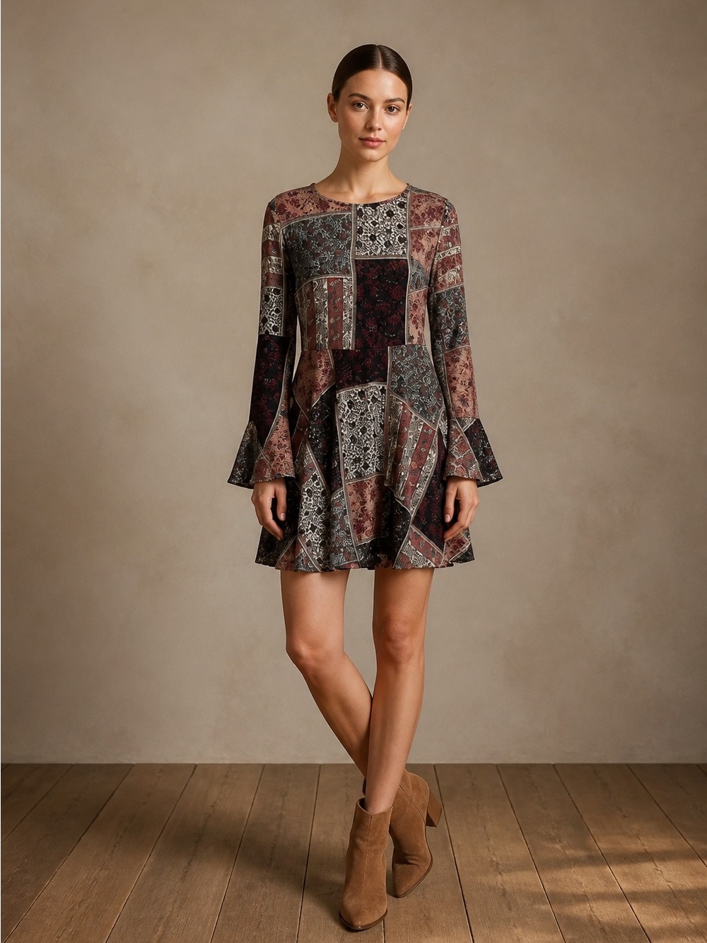AE Patchwork Print Long-Sleeve Swing Dress